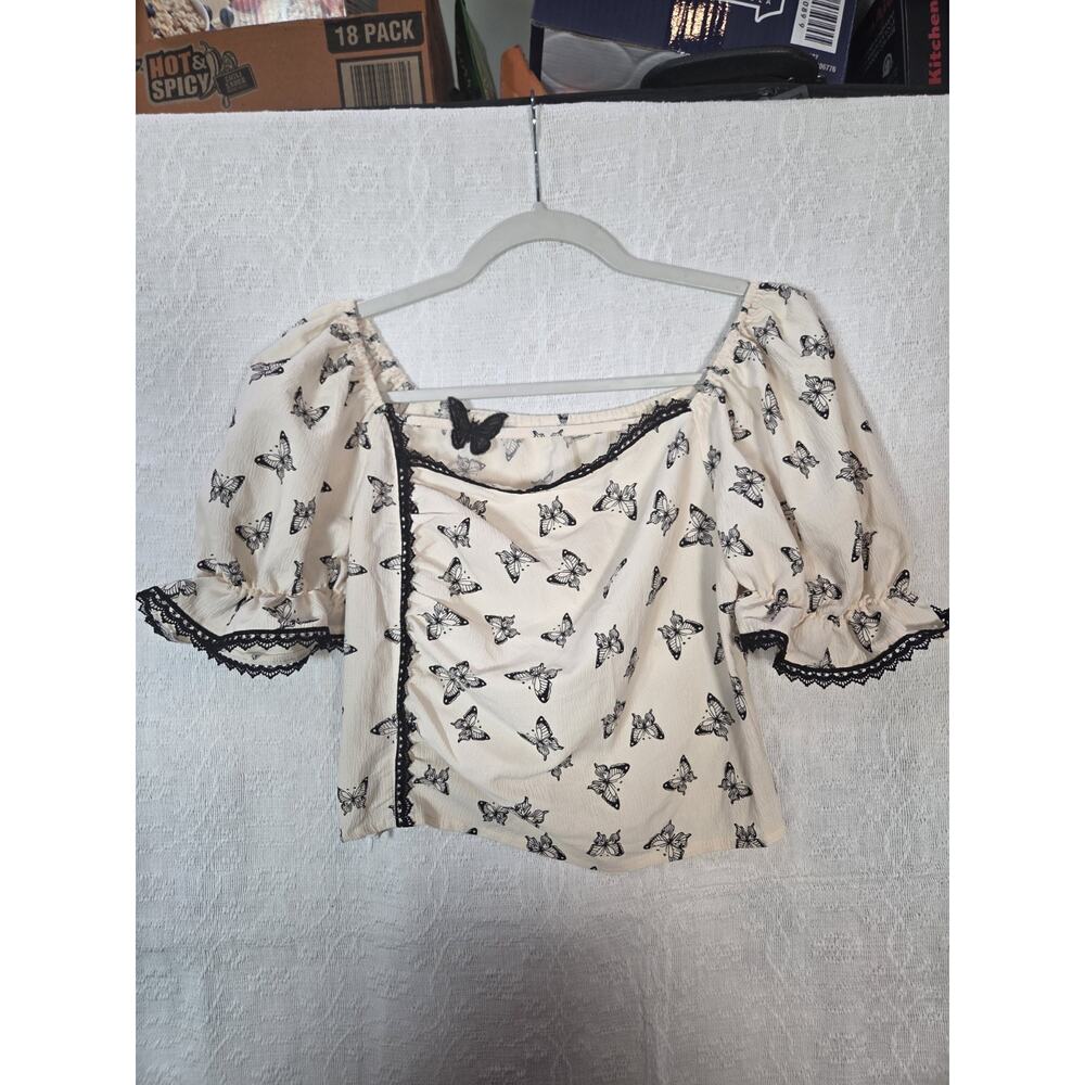 Y2K‎ Dazy Butterfly Print Feminine Puff Sleeve Cropped Blouse
